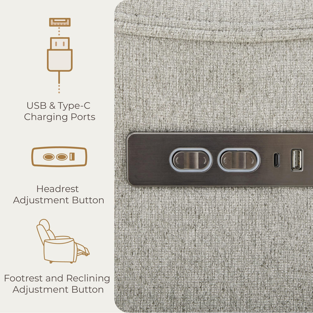 CHITA USB-C charging port integrated into reclining activator for on-the-go charging