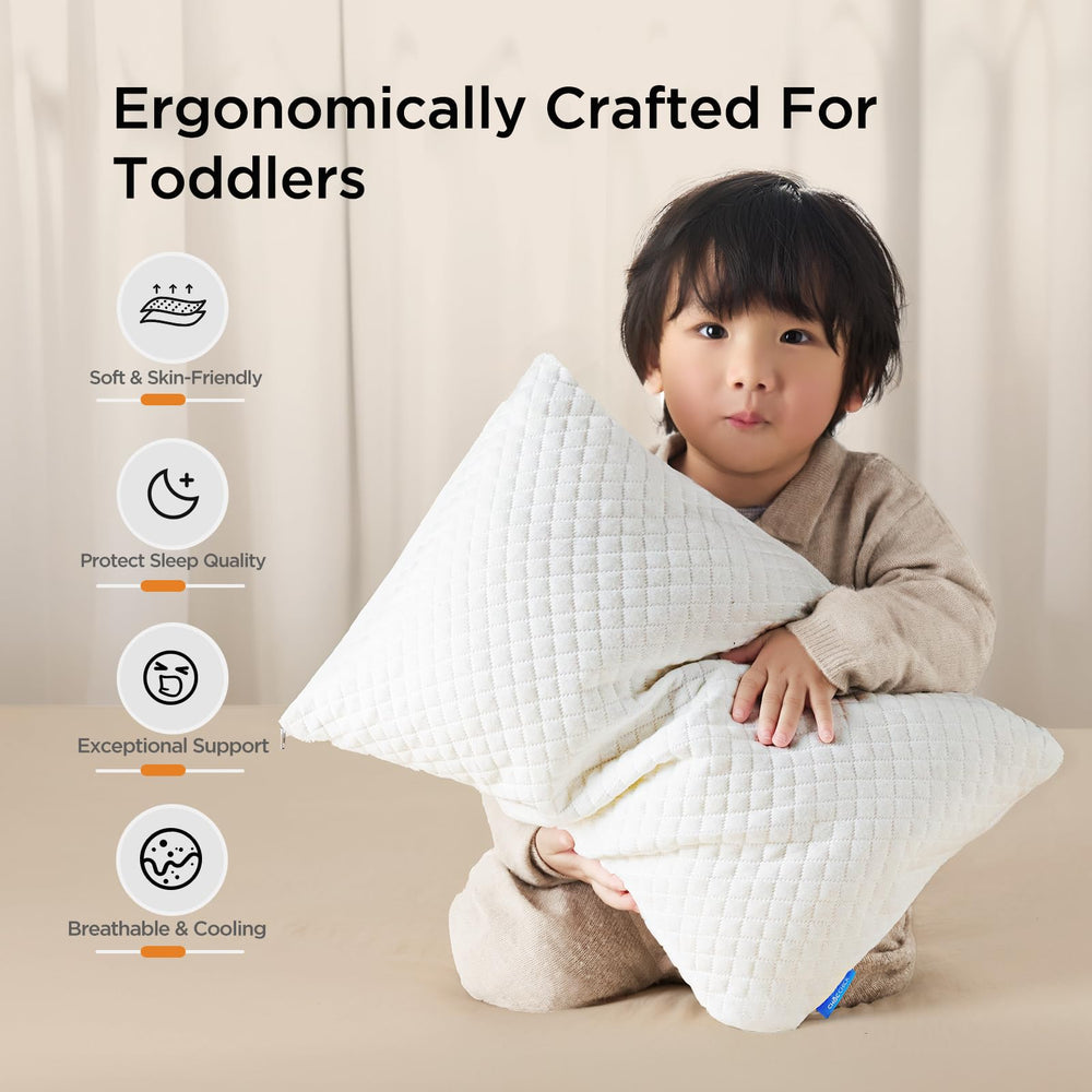 Choc chick memory foam toddler pillow close-up shows breathable bamboo-derived rayon cover for cool nights.