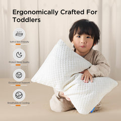 Choc chick memory foam toddler pillow close-up shows breathable bamboo-derived rayon cover for cool nights.