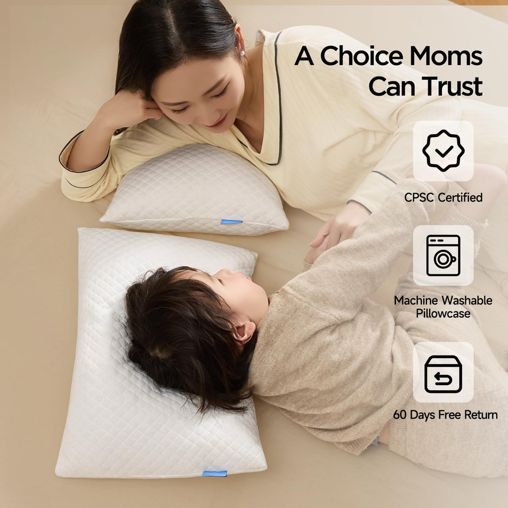 Choc chick memory foam toddler pillow machine-washable cover cleans in minutes.