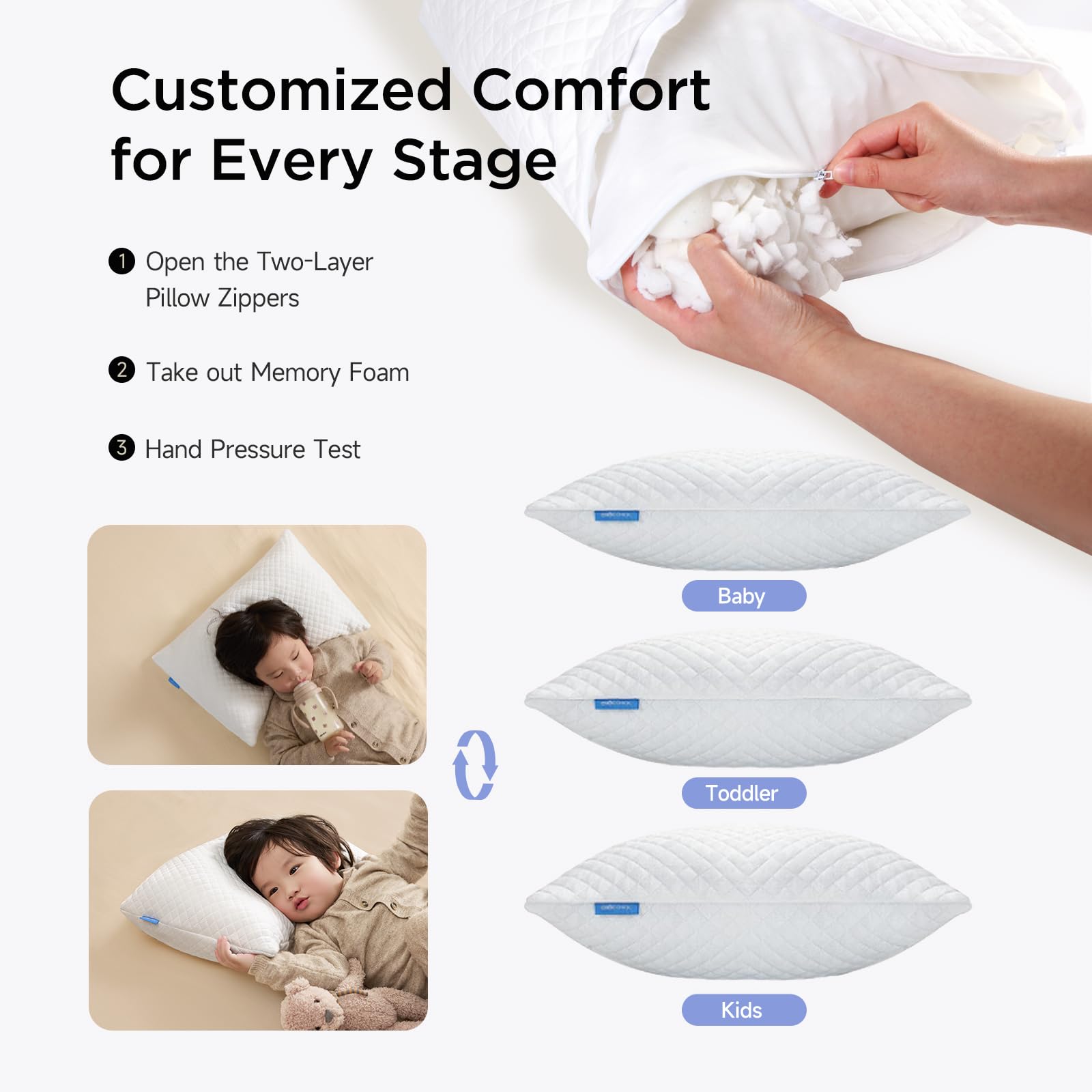 Choc chick memory foam toddler pillow tag-free cover reduces irritation during sleep.