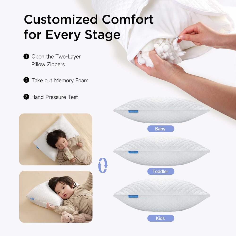 Choc chick memory foam toddler pillow tag-free cover reduces irritation during sleep.
