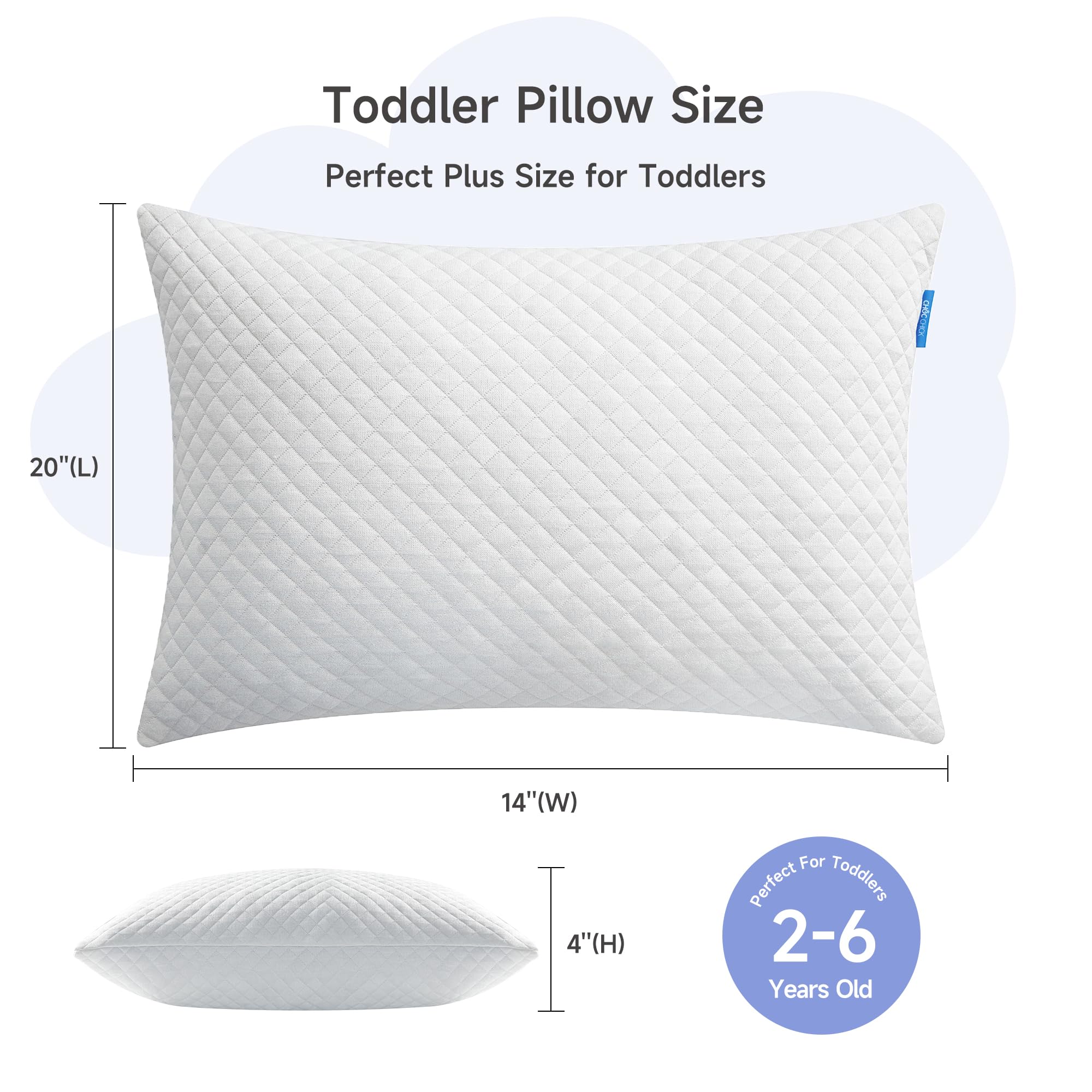 Choc chick memory foam toddler pillow side view shows adjustable height for neck comfort.