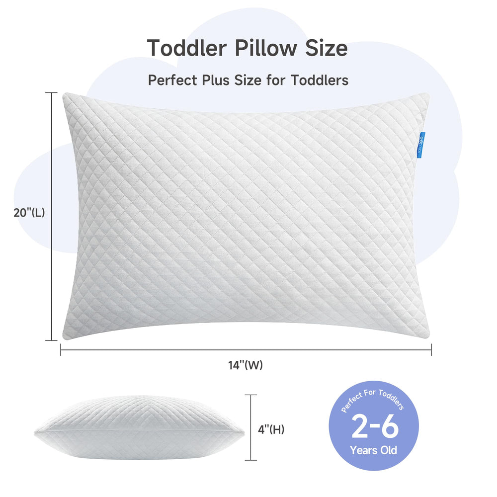 Choc chick memory foam toddler pillow side view shows adjustable height for neck comfort.
