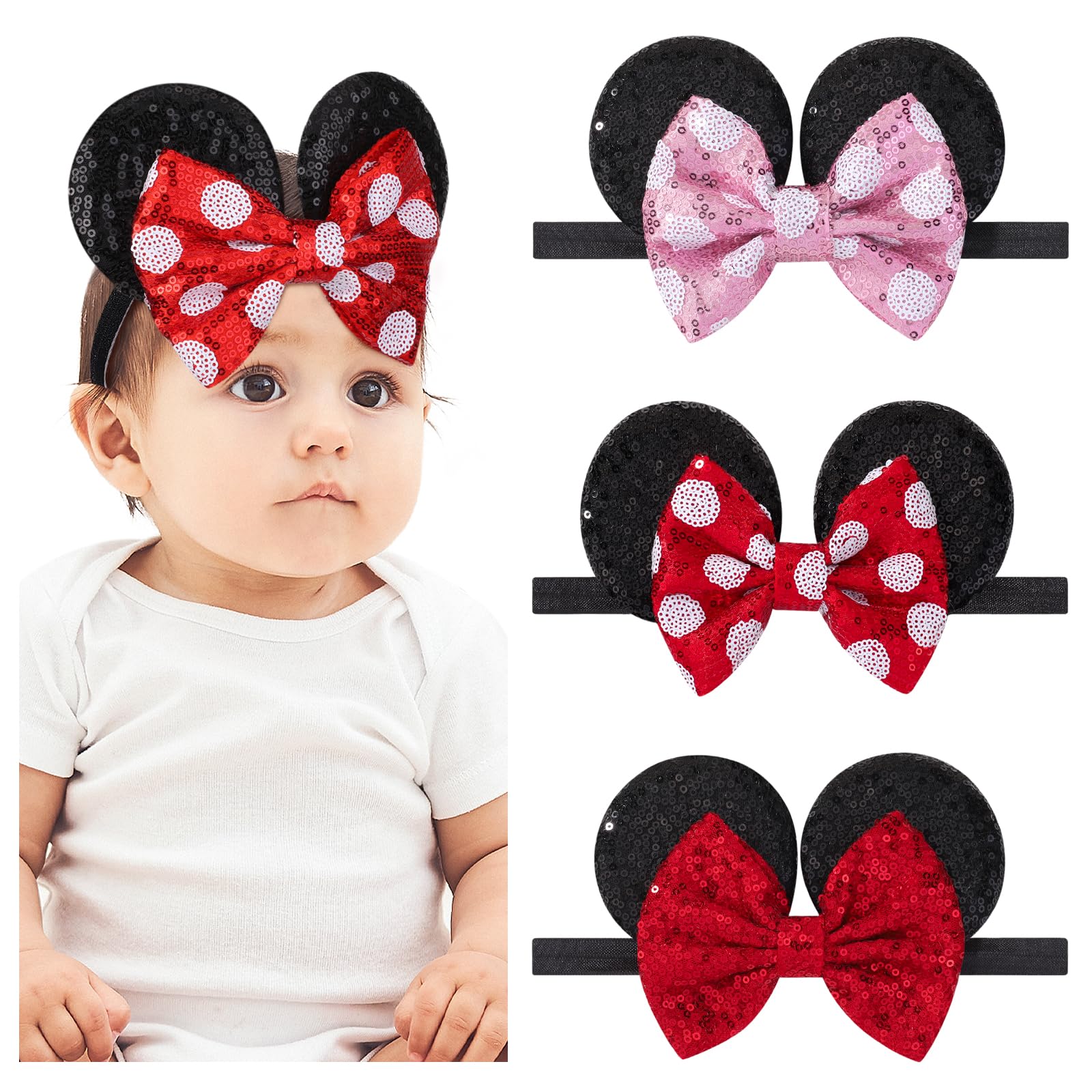 choicbaby 3pcs mouse ears sequin bows set offers versatile headbands for photos and party time.
