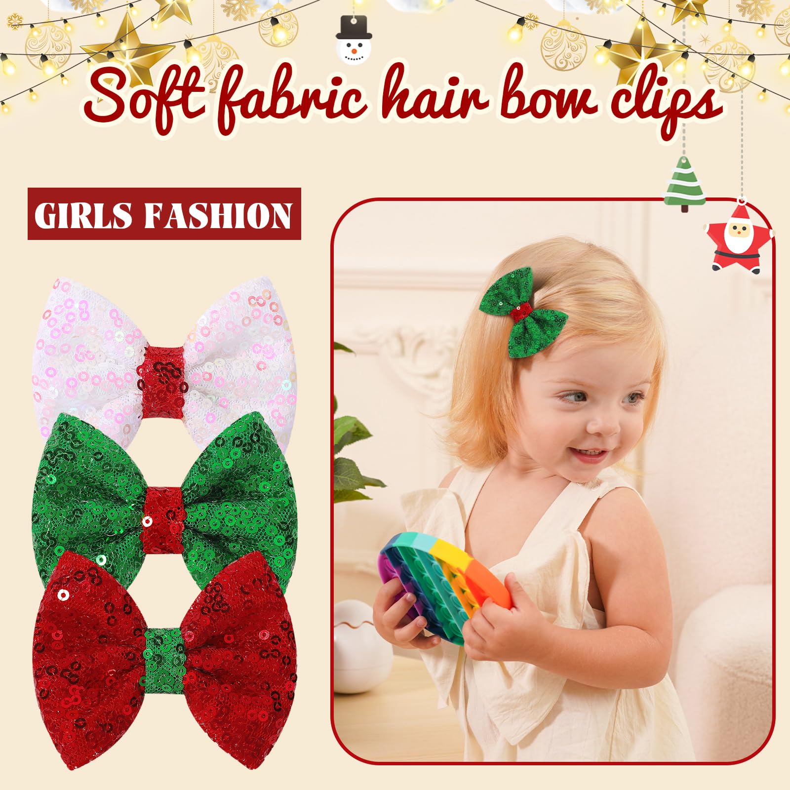 Choicbaby glitter green bow close-up with sequin sparkle for holiday outfits.