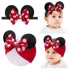 choicbaby mouse ears headband with sequin bow on pink baby girl for photos