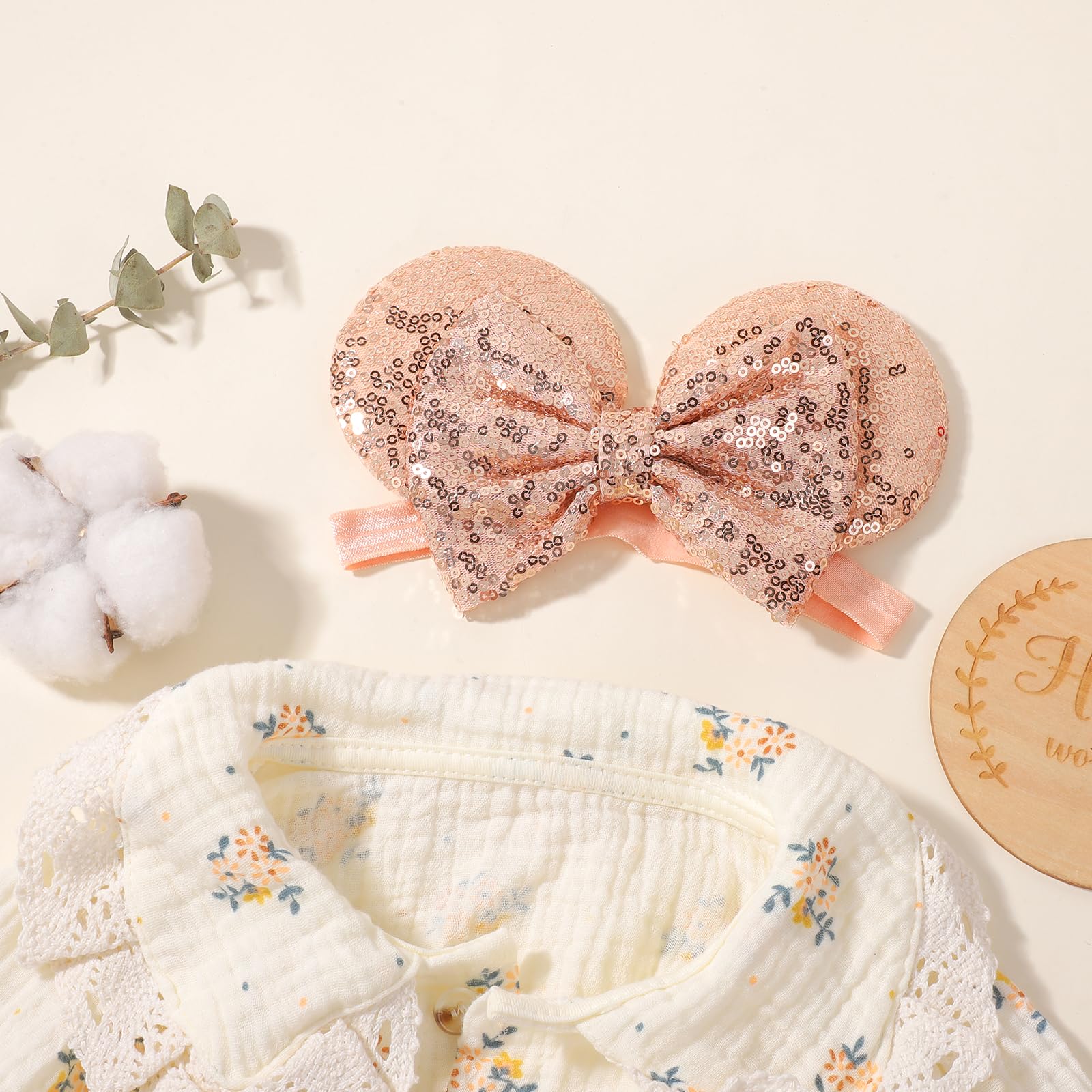 Choicbaby mouse ears sequin bow closeup – soft nylon band feels gentle on baby heads.