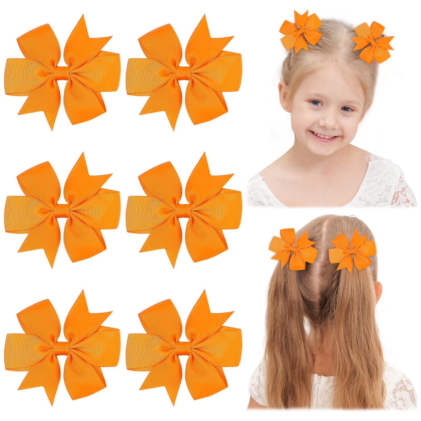 Choicbaby orange solid grosgrain pinwheel bow clip on a head for toddler style boost