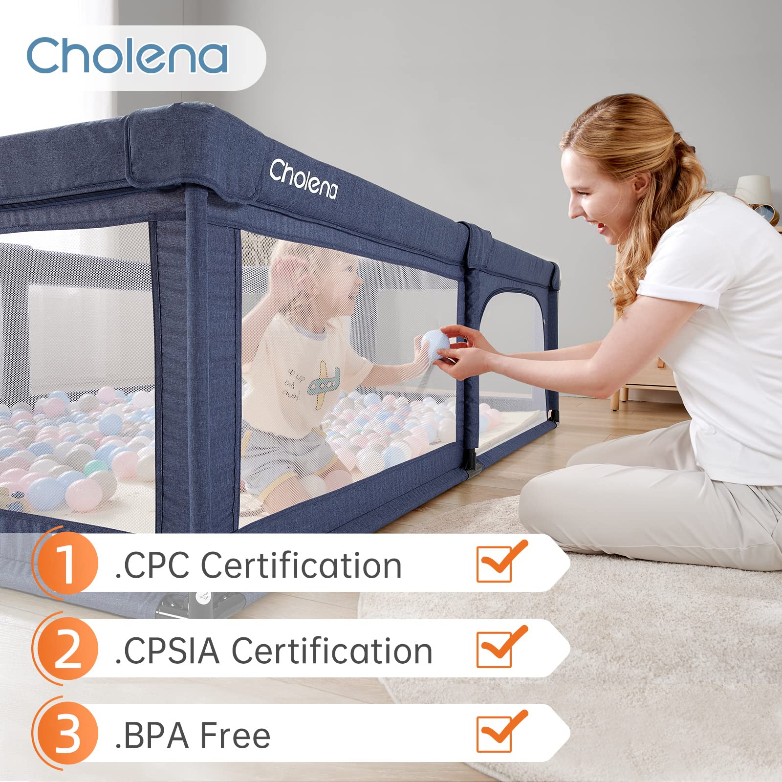 Cholena baby playpen durable cationic fabric offers lasting wear resistance.