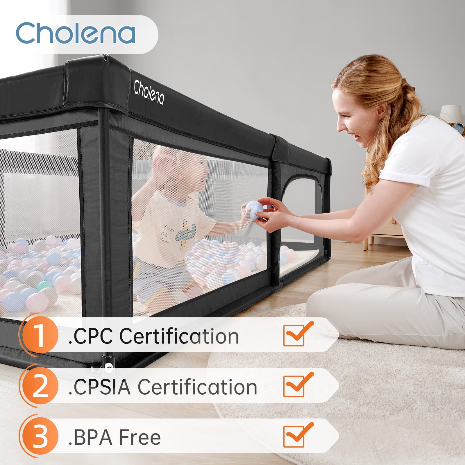 Cholena Playpen with four suction cups offers stable, safe play space.