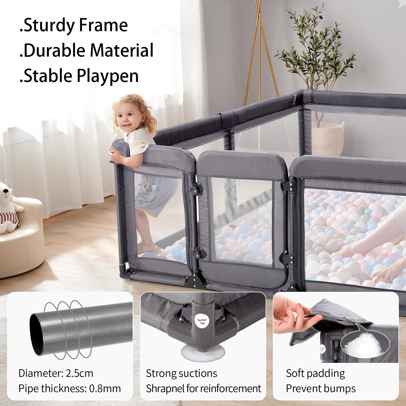 Cholena baby playpen shows sturdy suction cups and bottom to prevent tipping