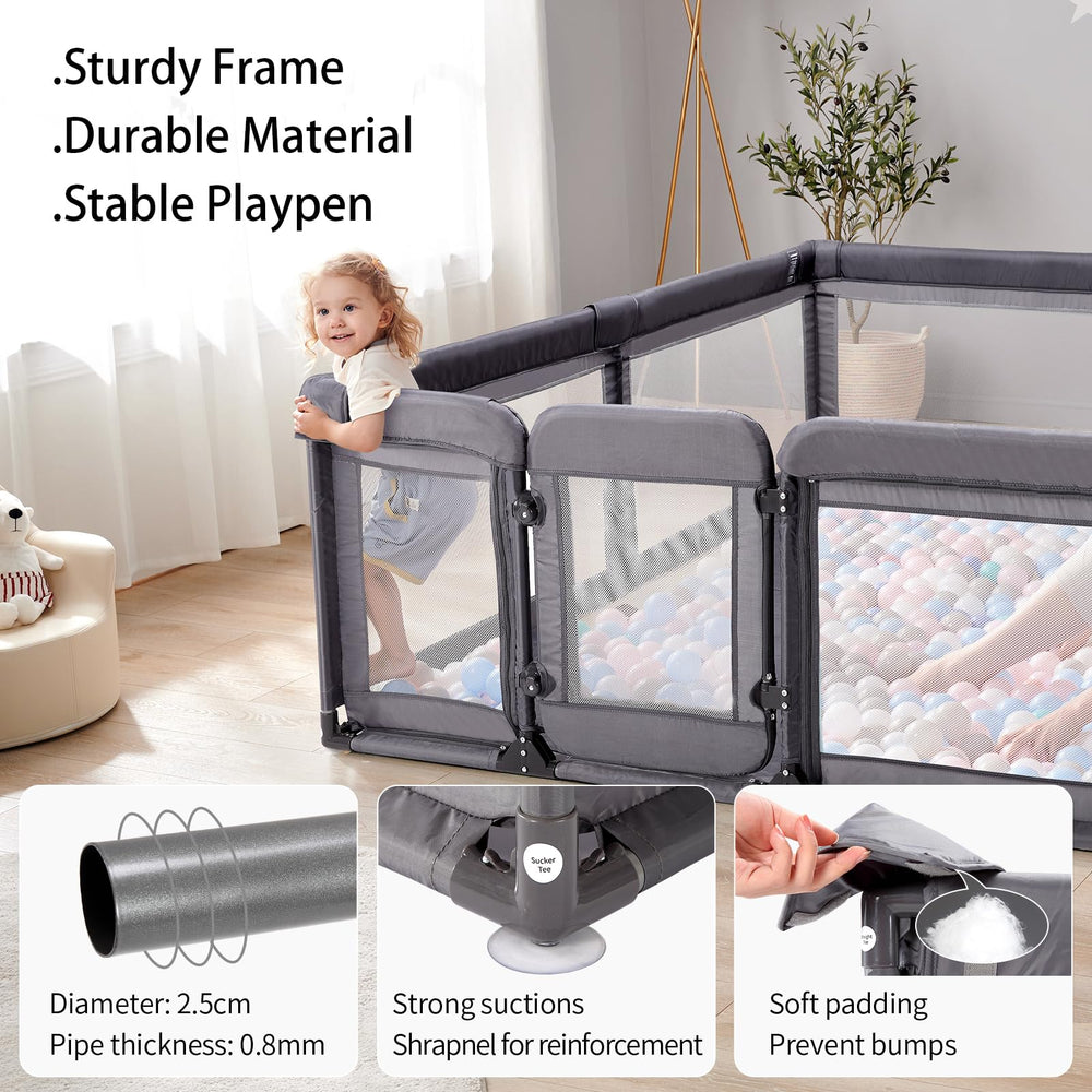 Cholena baby playpen shows sturdy suction cups and bottom to prevent tipping