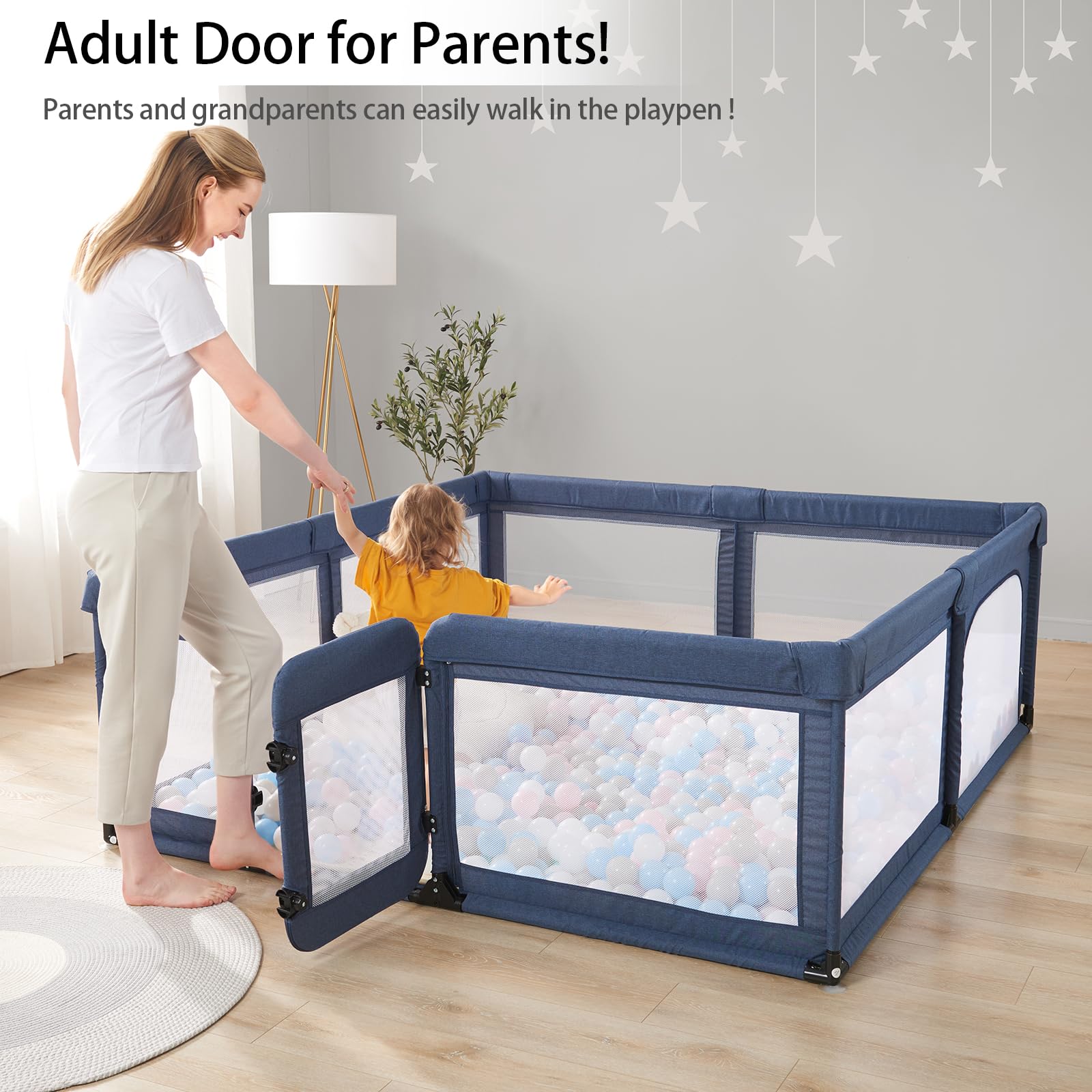 Cholena baby playpen swing door exterior lock facilitates safe in-and-out access.