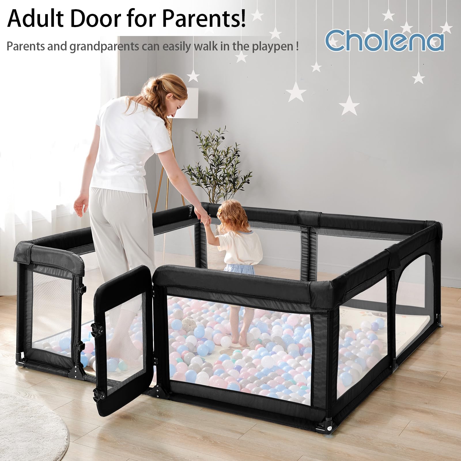 Cholena Baby Playpen swing door with external lock ensures easy entry and secure closure.