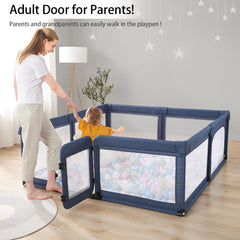 Cholena baby playpen swing door exterior lock facilitates safe in-and-out access.