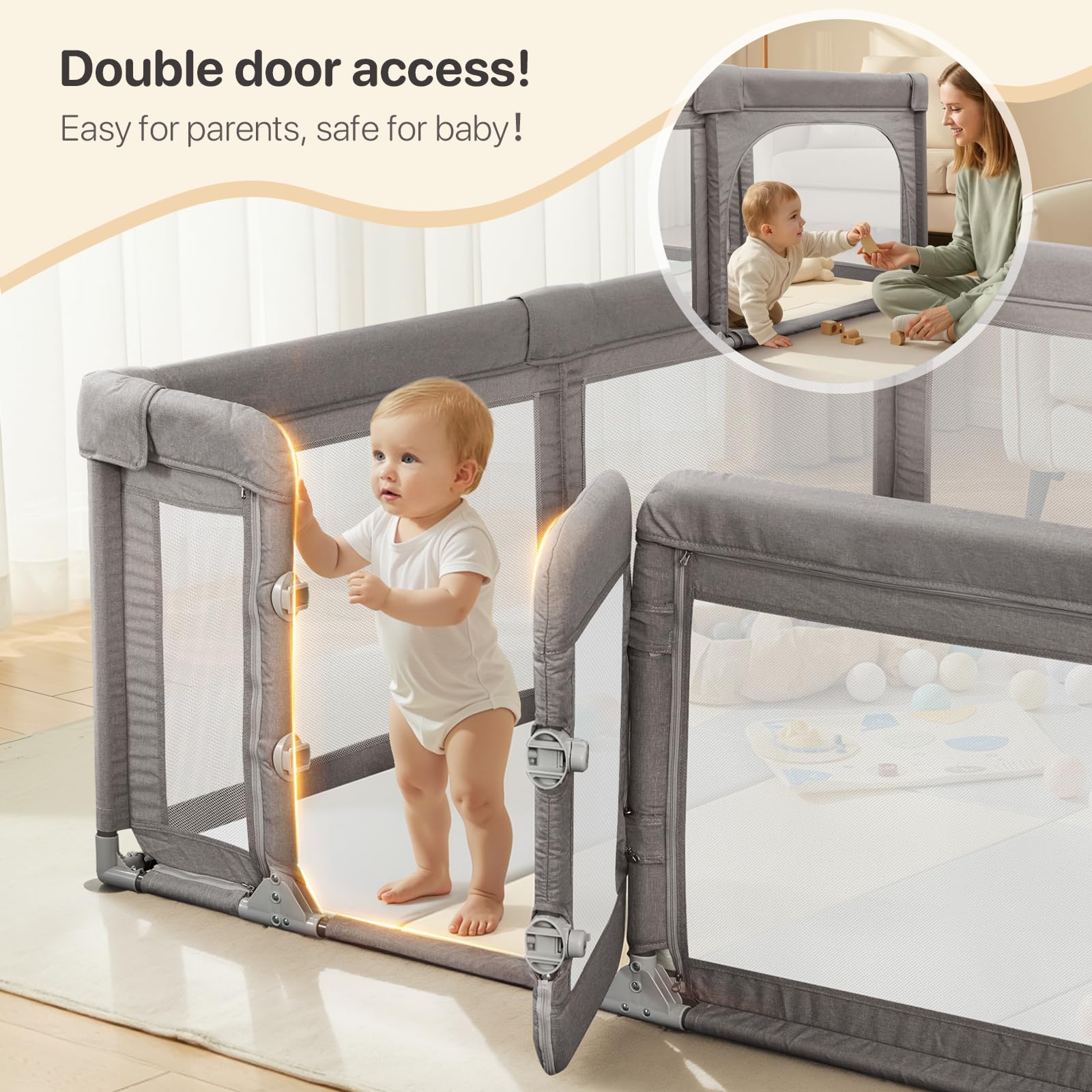 Cholena baby playpen with two-door swing gate for easy parent access