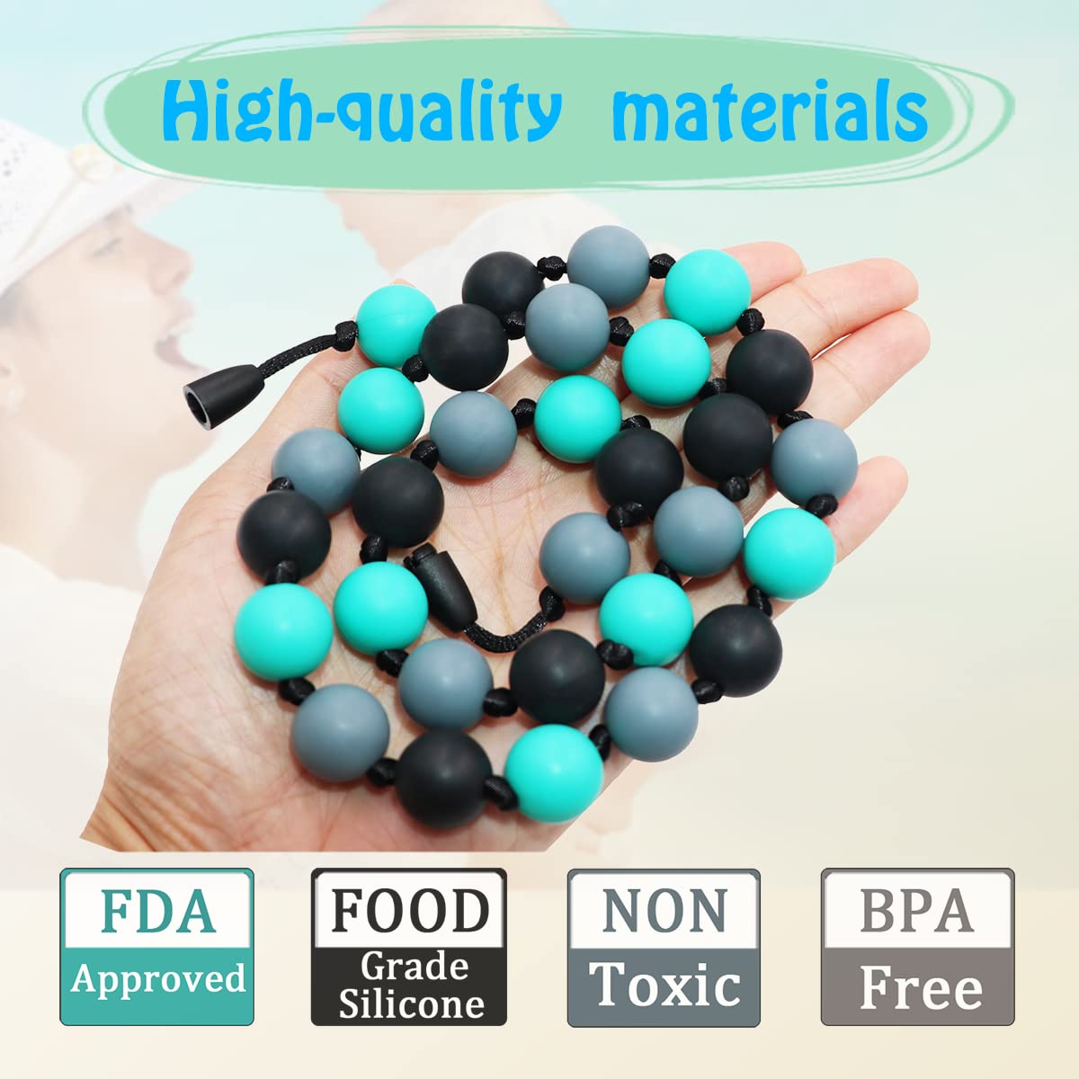 Choneer sensory chew necklace closeup silicone beads emphasize soft textures for tactile exploration.