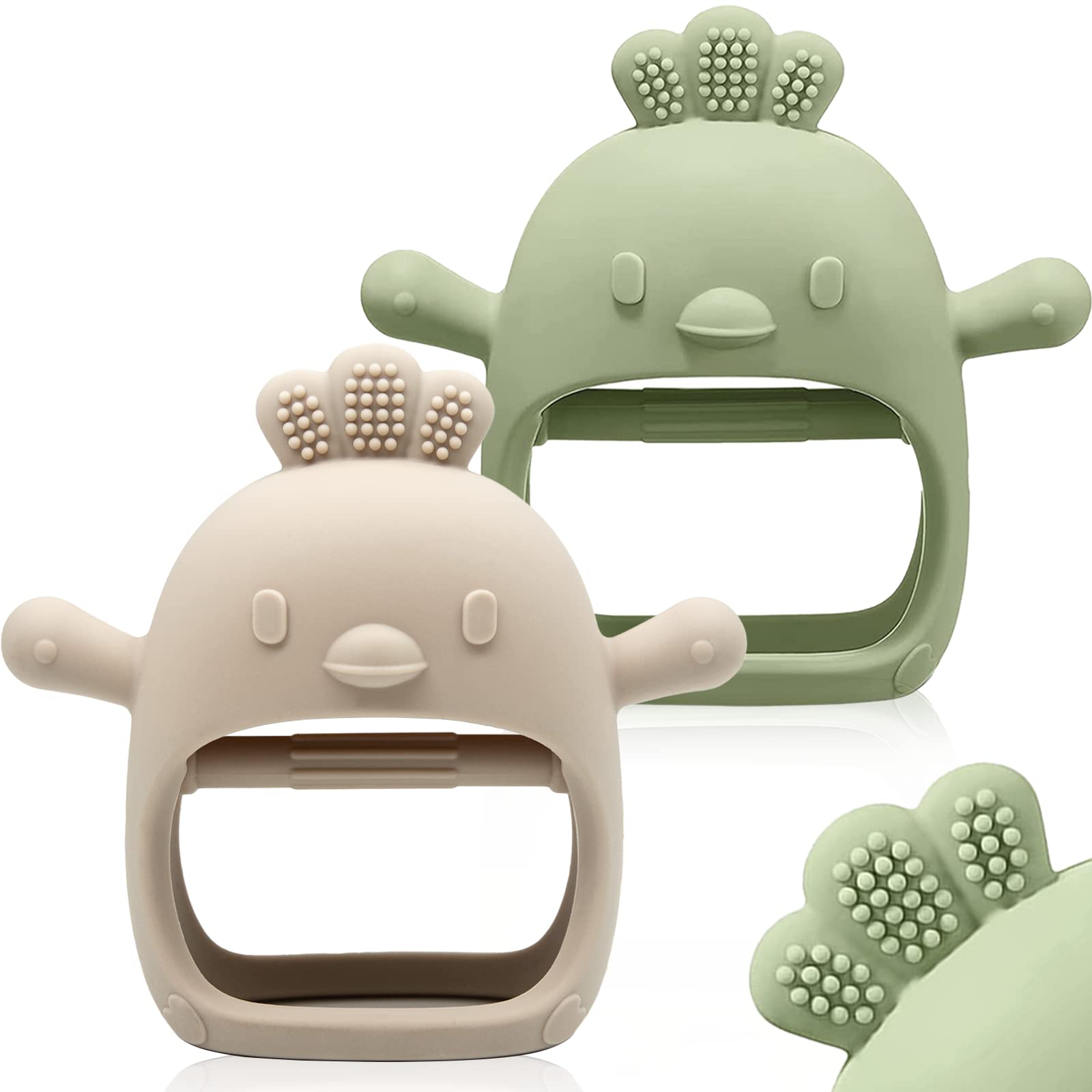 ChooKaChoo teething mitten worn on baby hand for safe, hands-free soothing.