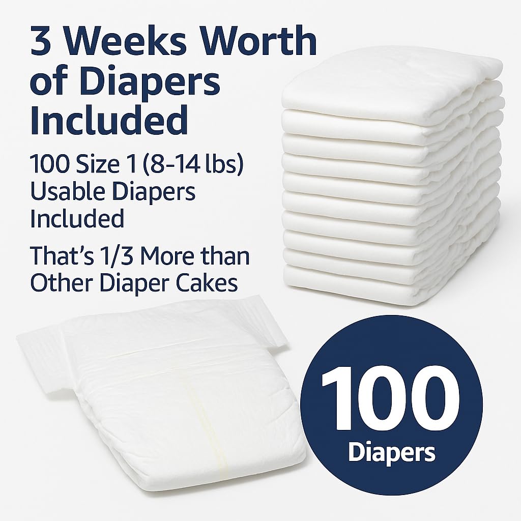 Choobly diaper cake kit includes 100 premium diapers for newborns.