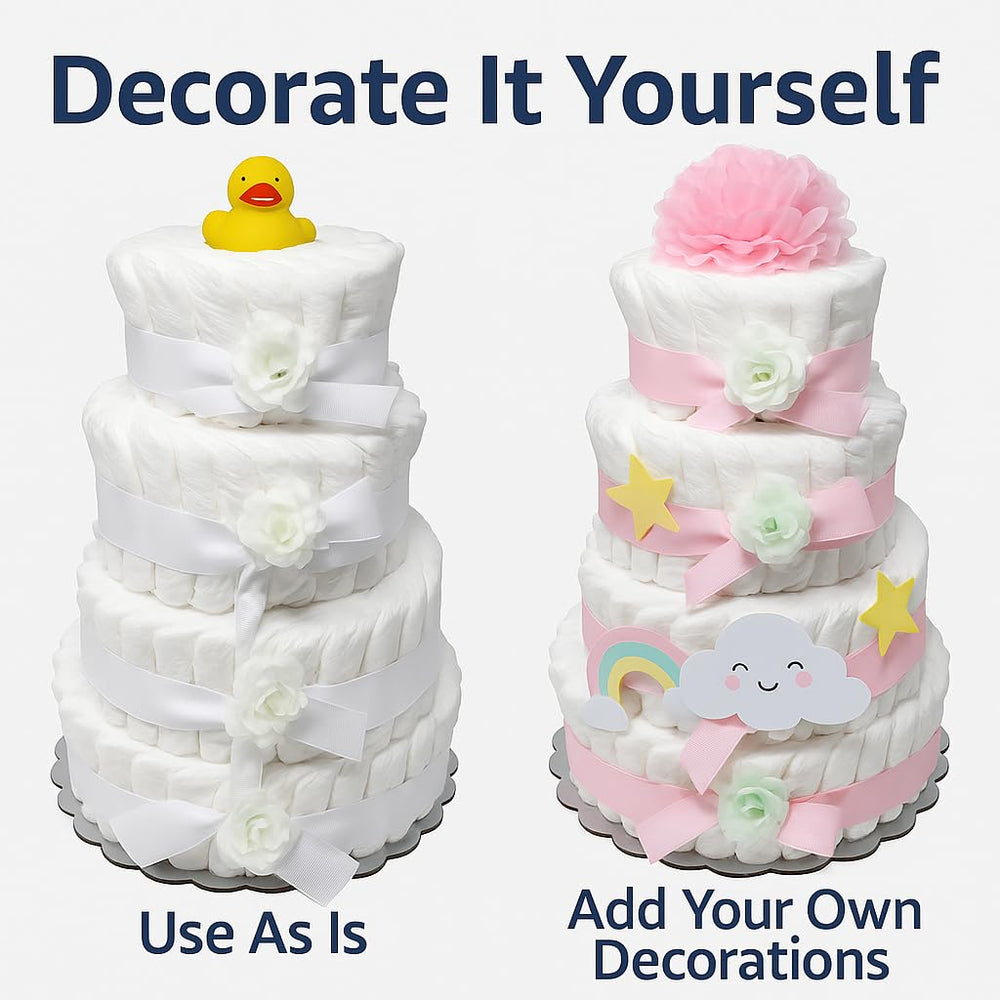 Choobly diaper cake with bows and flower for a festive centerpiece.