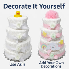 Choobly diaper cake with bows and flower for a festive centerpiece.