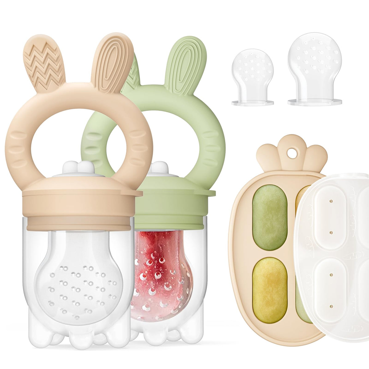 ChooKaChoo baby feeder 2-pack in caramel and olive promotes self-feeding.