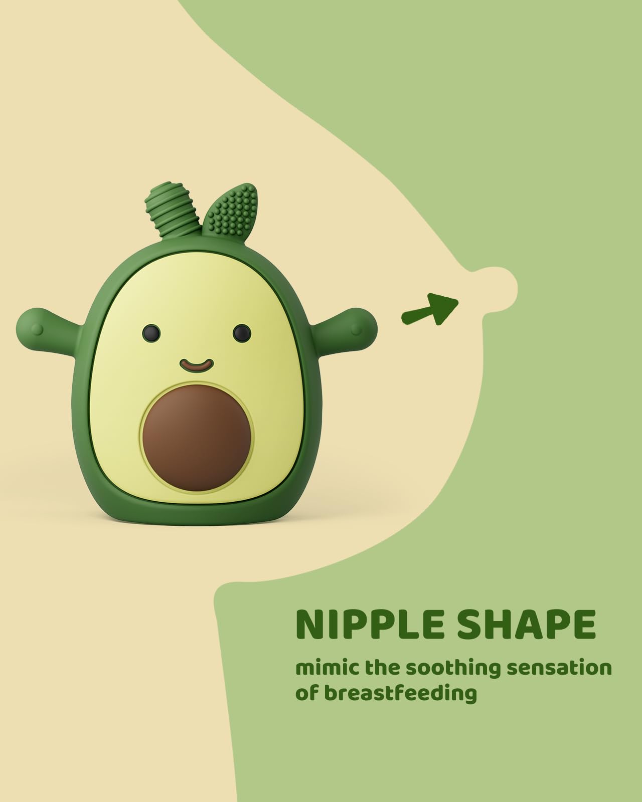 ChooKaChoo avocado teething mitten worn on hand for baby's chew