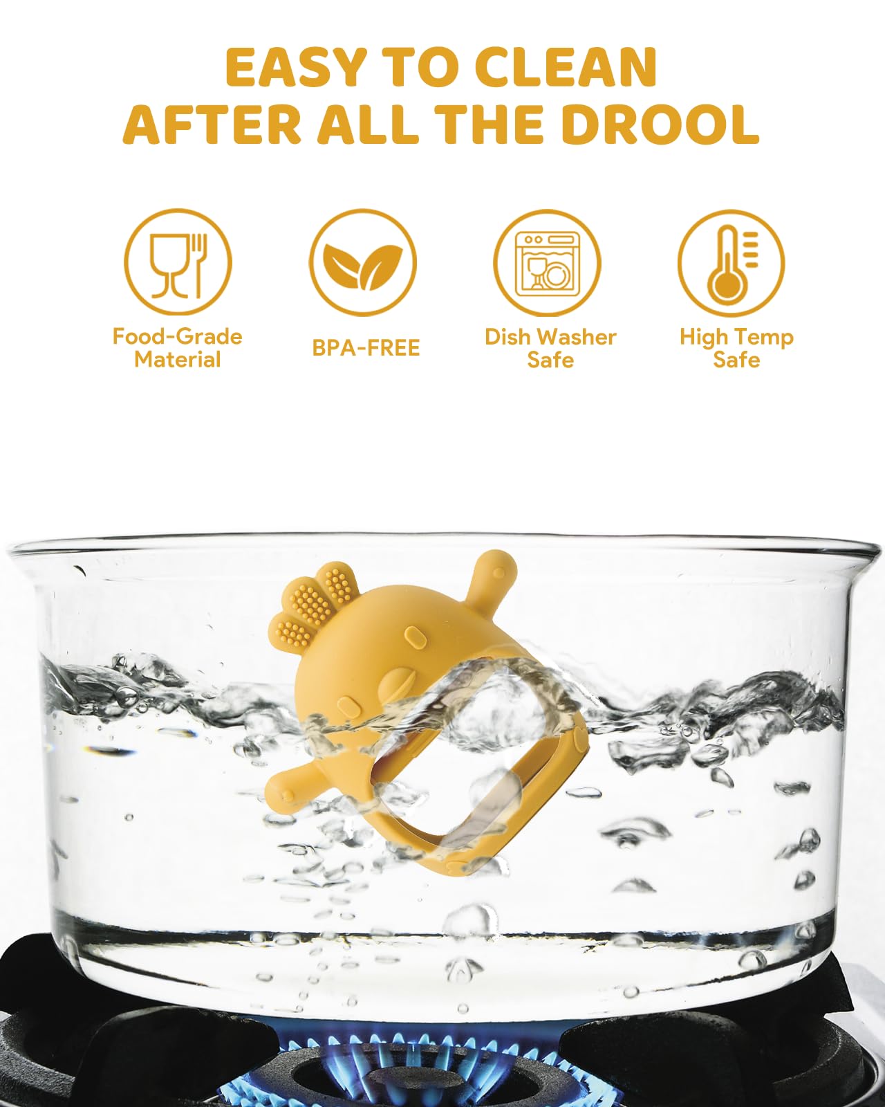 ChooKaChoo teething mittens are dishwasher and freezer safe for quick cleaning.
