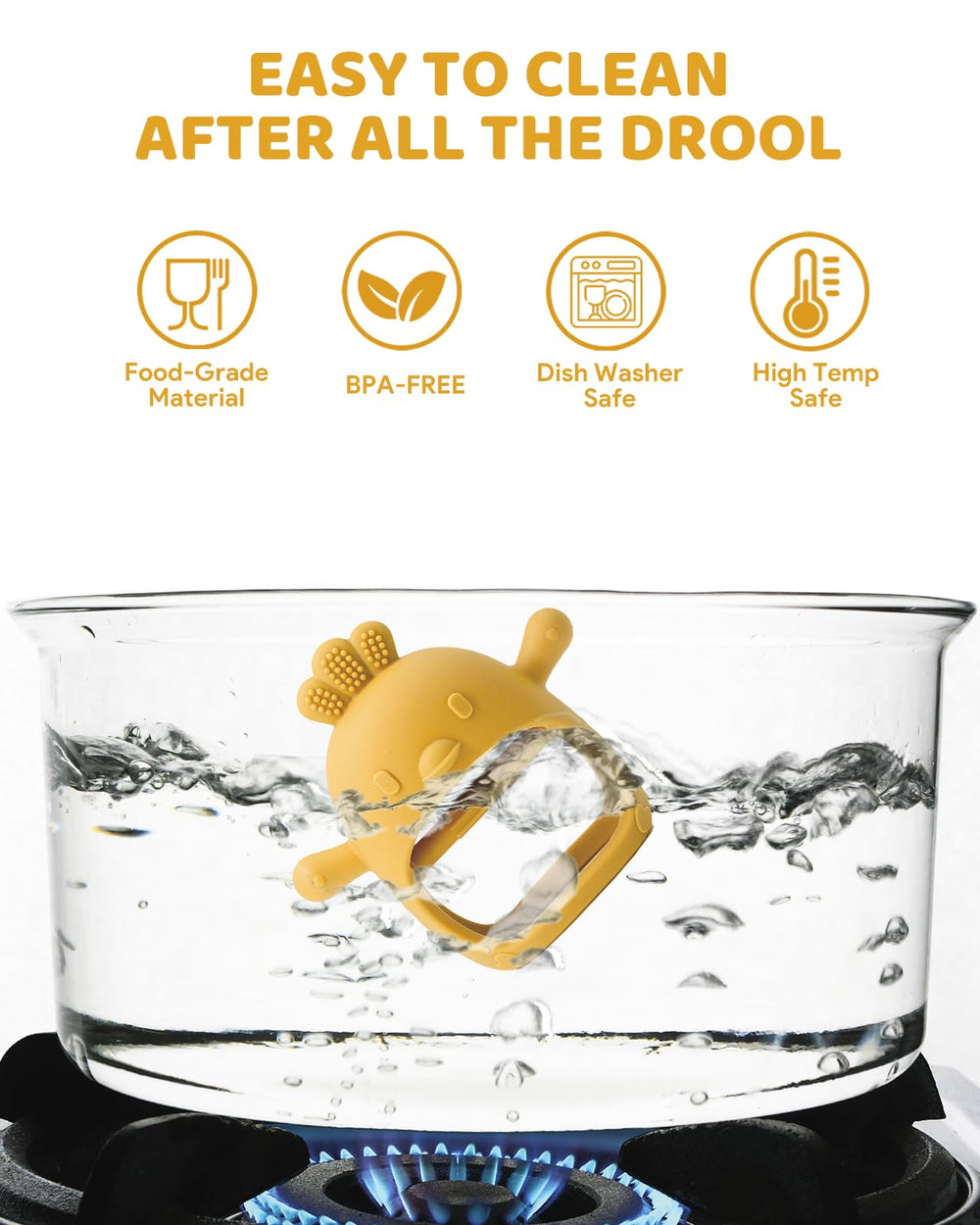 ChooKaChoo teething mittens are dishwasher and freezer safe for quick cleaning.