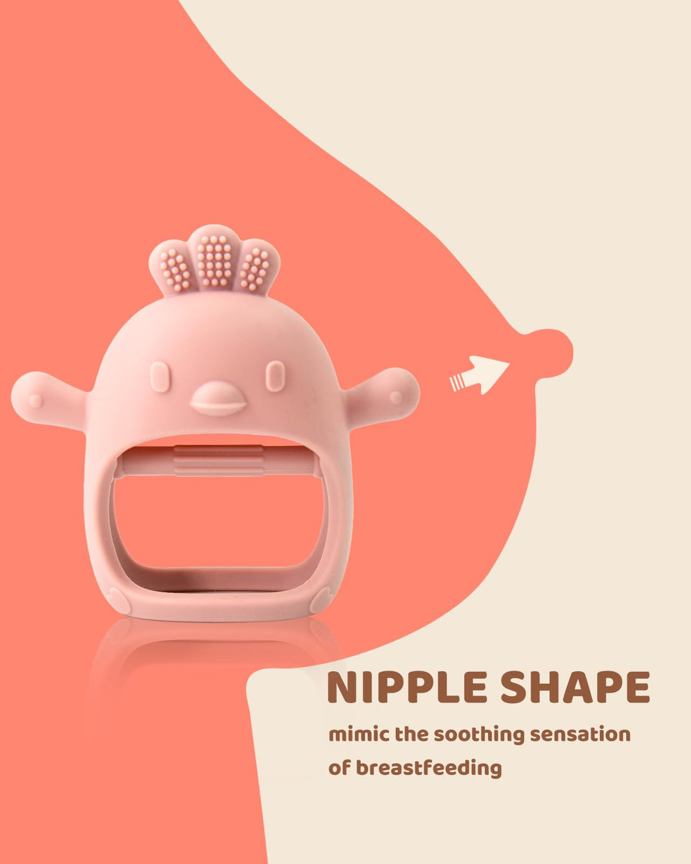 ChooKaChoo teething mitten caramel close-up highlights BPA-free material and easy cleaning.