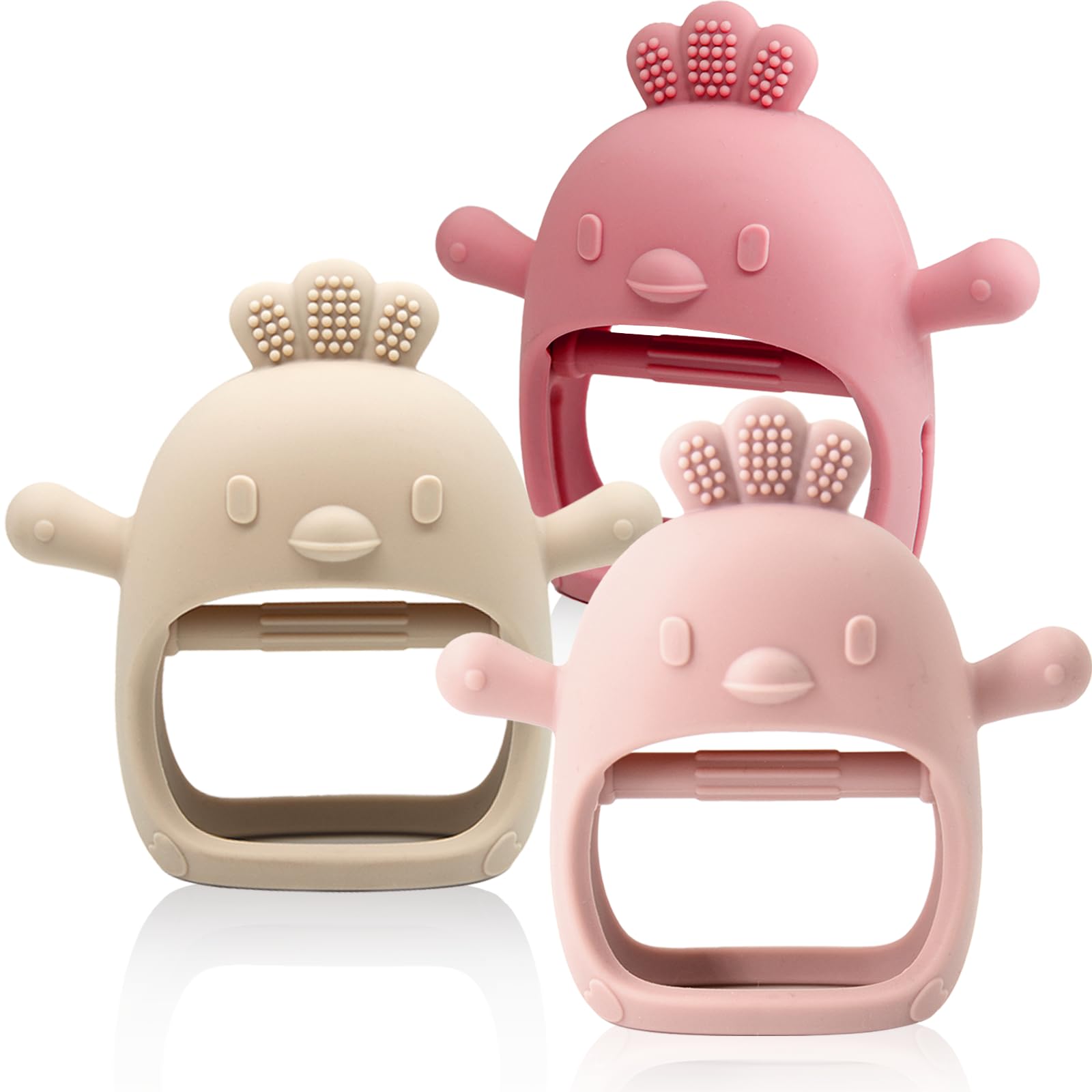 ChooKaChoo teething mitten pink on baby hand soothes gums while on the go