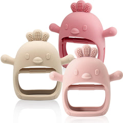 ChooKaChoo teething mitten pink on baby hand soothes gums while on the go