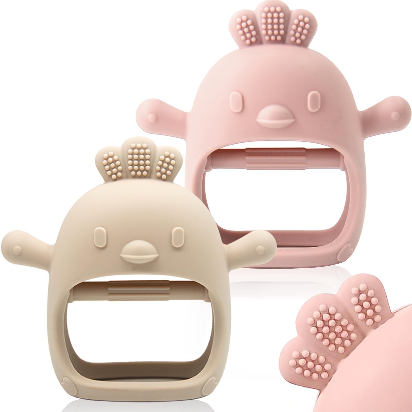 ChooKaChoo teething mitten pink close-up showing soft silicone texture for gentle gum soothing.