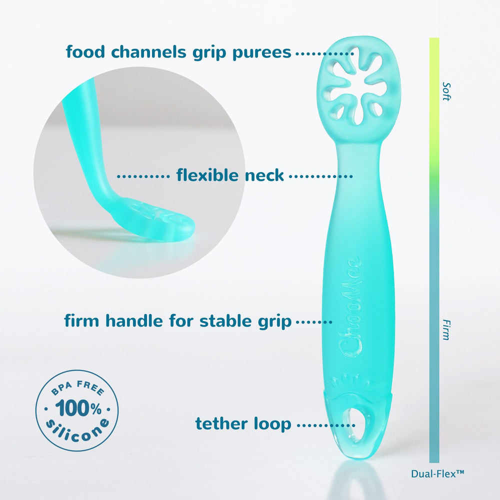 ChooMee FlexiDip learning utensils close-up with kid friendly handles for self feeding.
