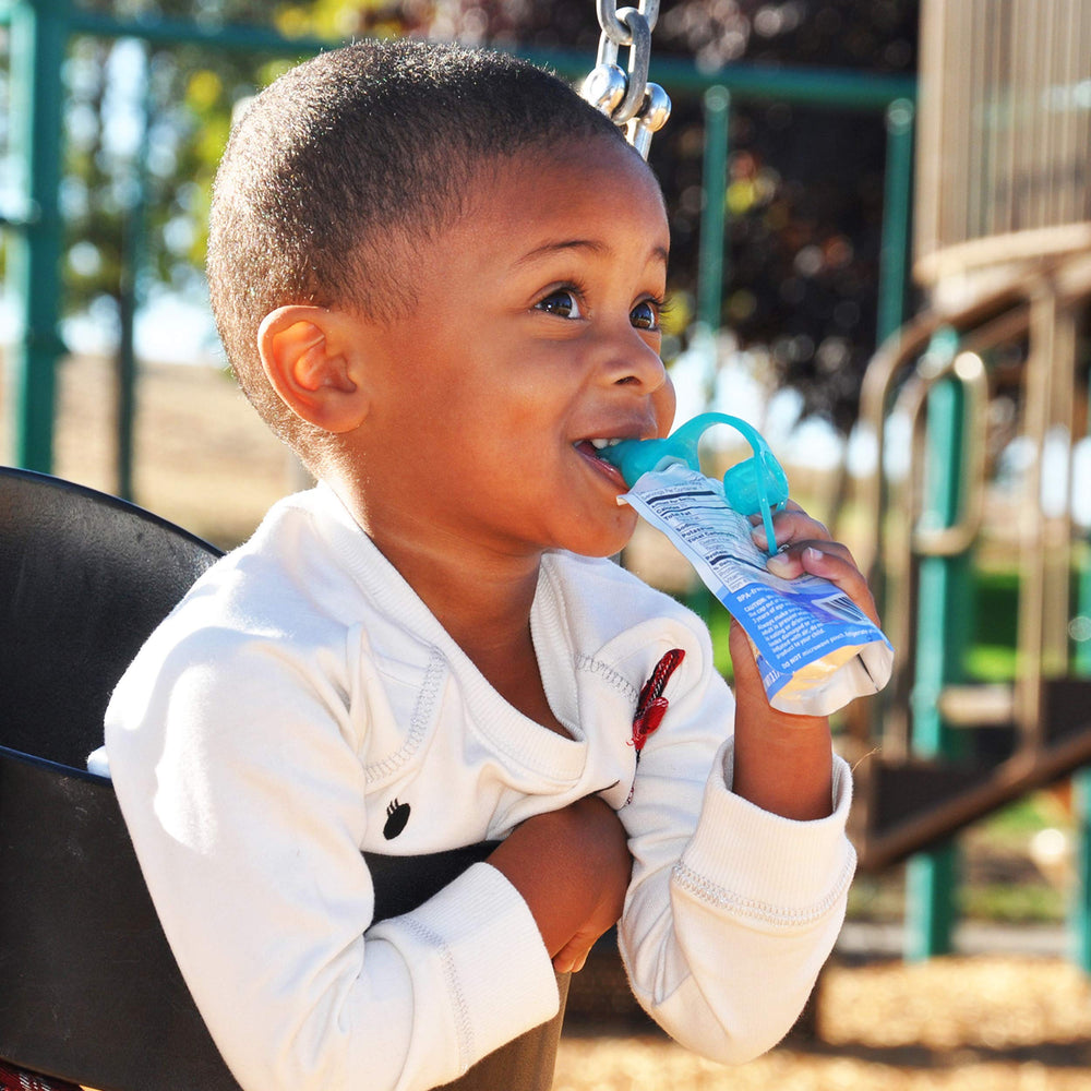 ChooMee SoftSip Top baby-holding pouch conveys easy grip and mess-free feeding.