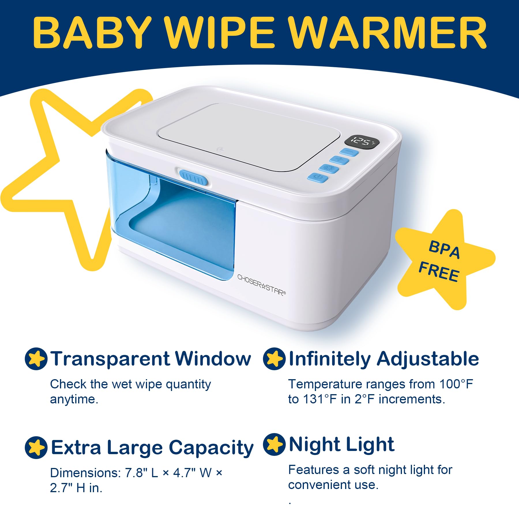 ChoserStar baby wipe warmer nightlight-on demonstrates soft glow for nighttime diaper changes.