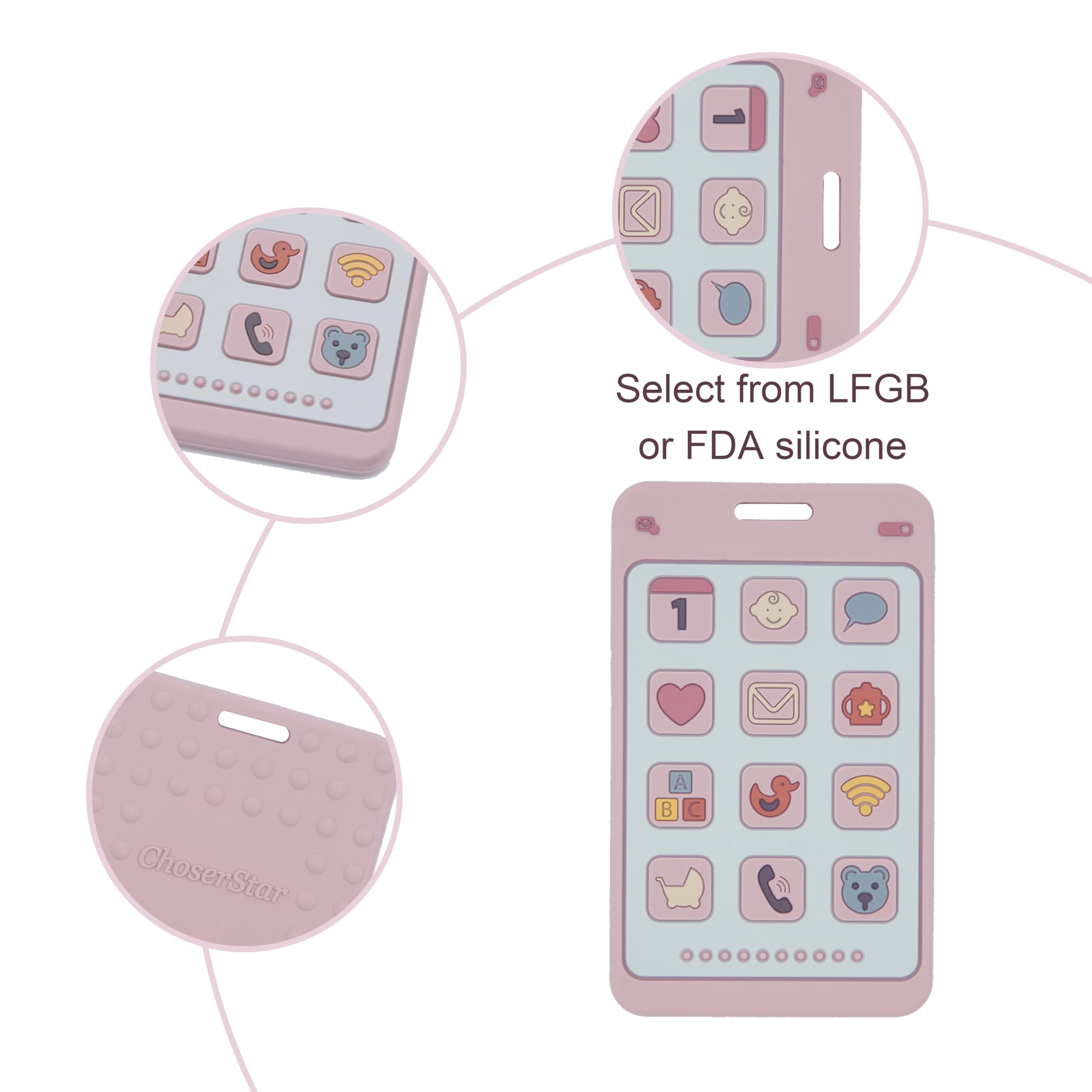 ChoserStar keyboard-inspired teether pink, smartphone-shaped design doubles as distraction from real devices