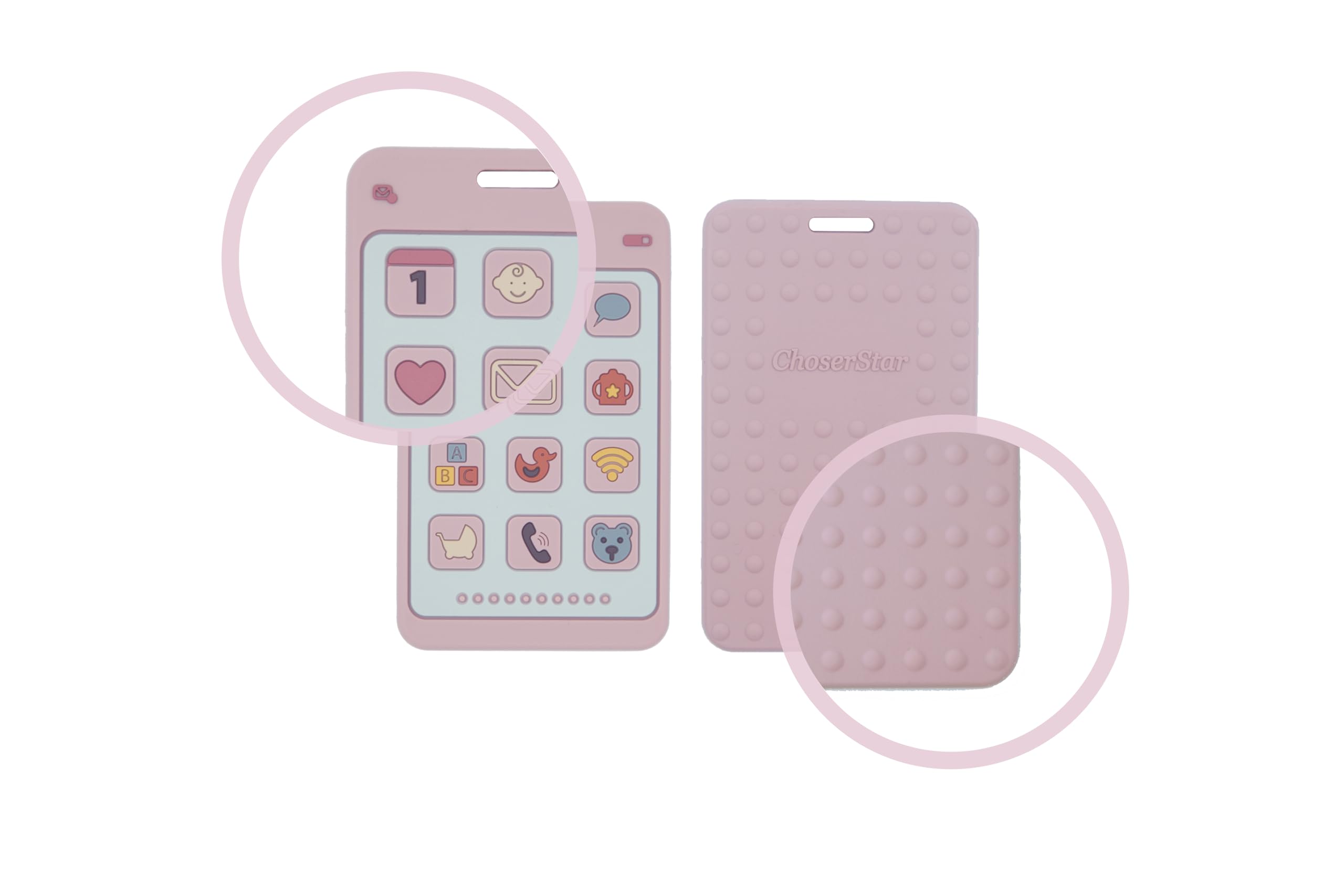 ChoserStar teether single-mold construction pink, secure button integration prevents loose parts