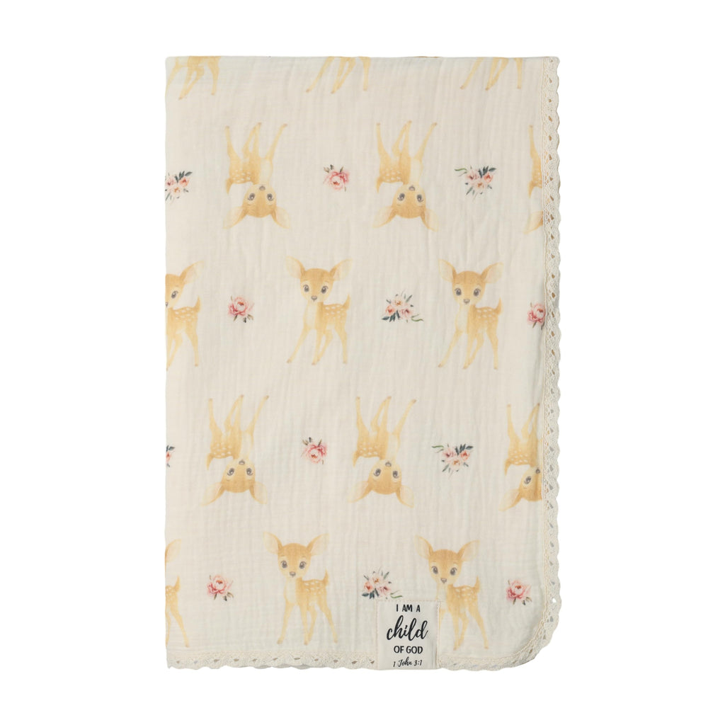 Christian Children’s Blanket Deer front view with soft two-layer fabric for cozy snuggles
