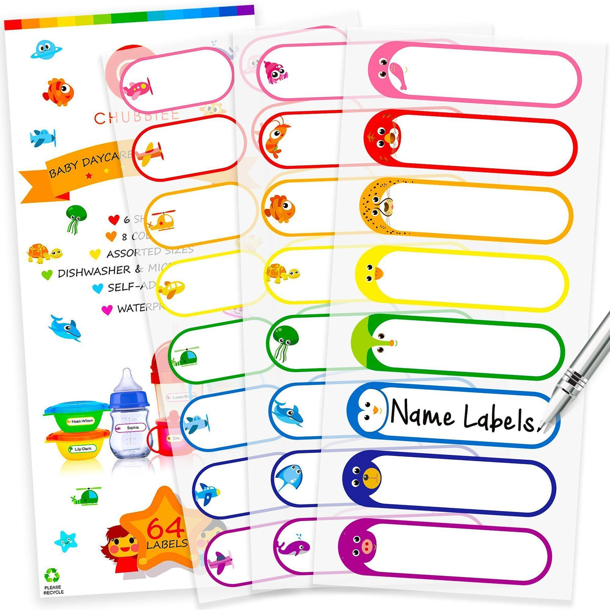 CHUBBIEE baby bottle labels pack 64 demonstrates durable waterproof stickers for daycare labeling.