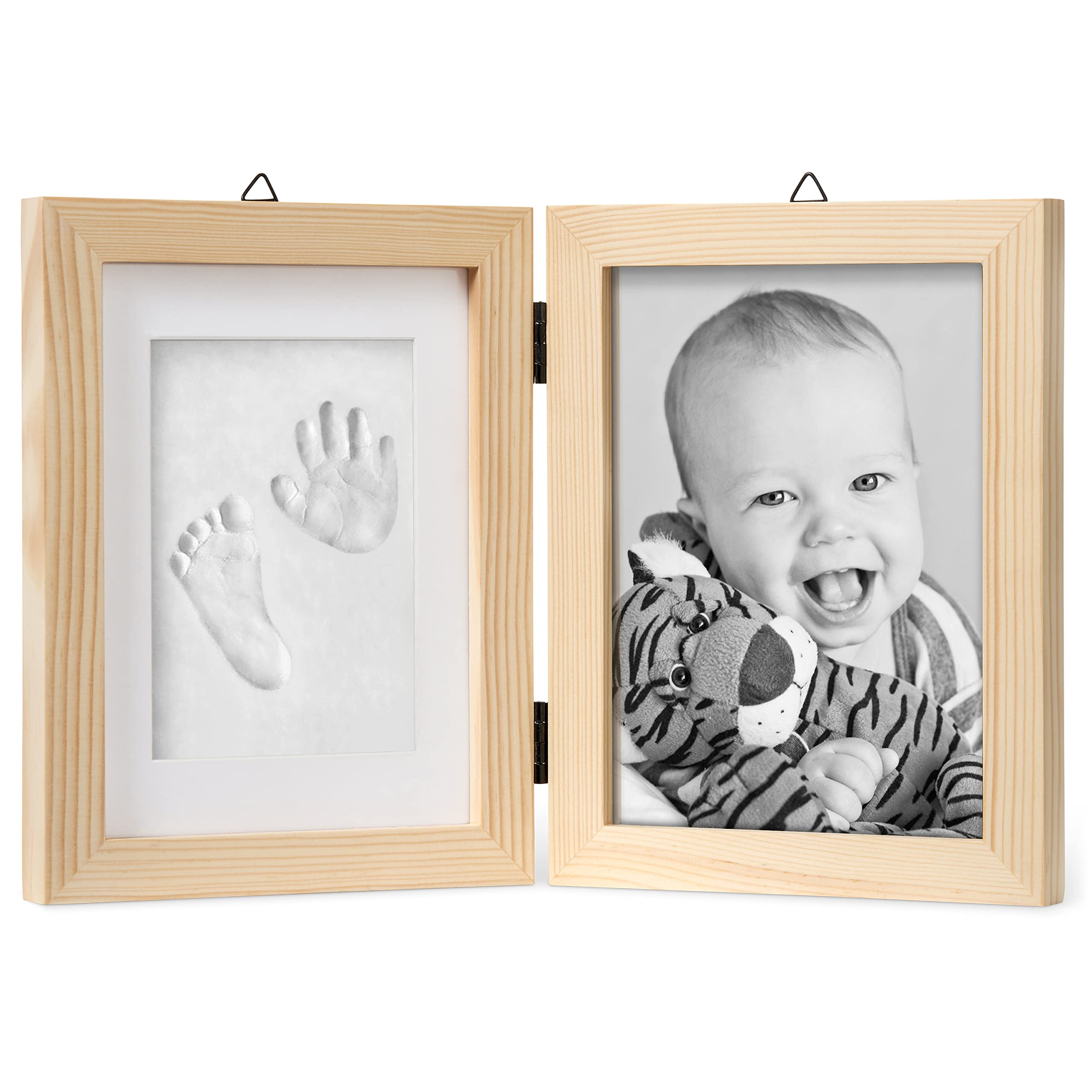 Chuckle pine handprint frame with 5x7 photo for easy keepsake display.