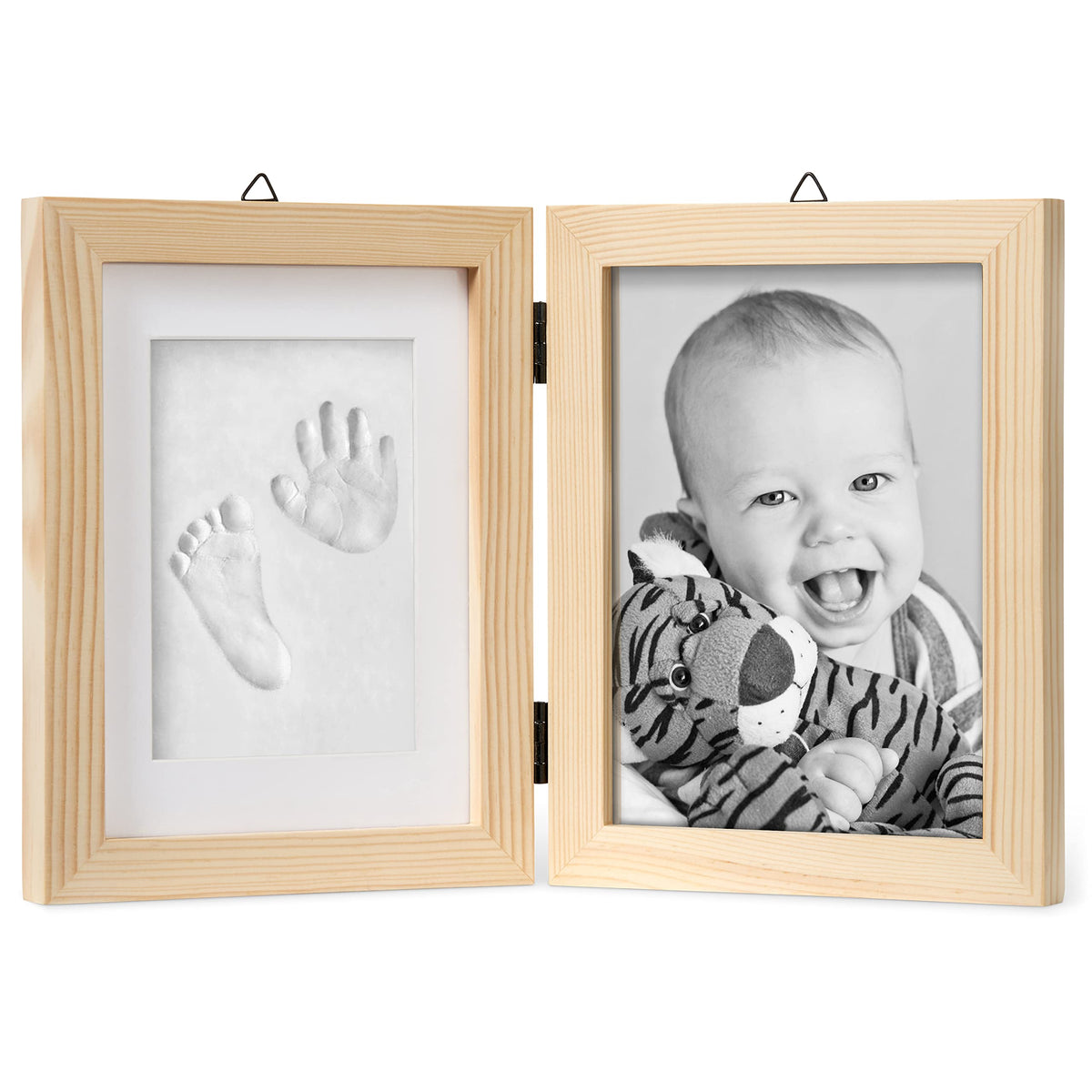 Chuckle pine handprint frame with 5x7 photo for easy keepsake display.