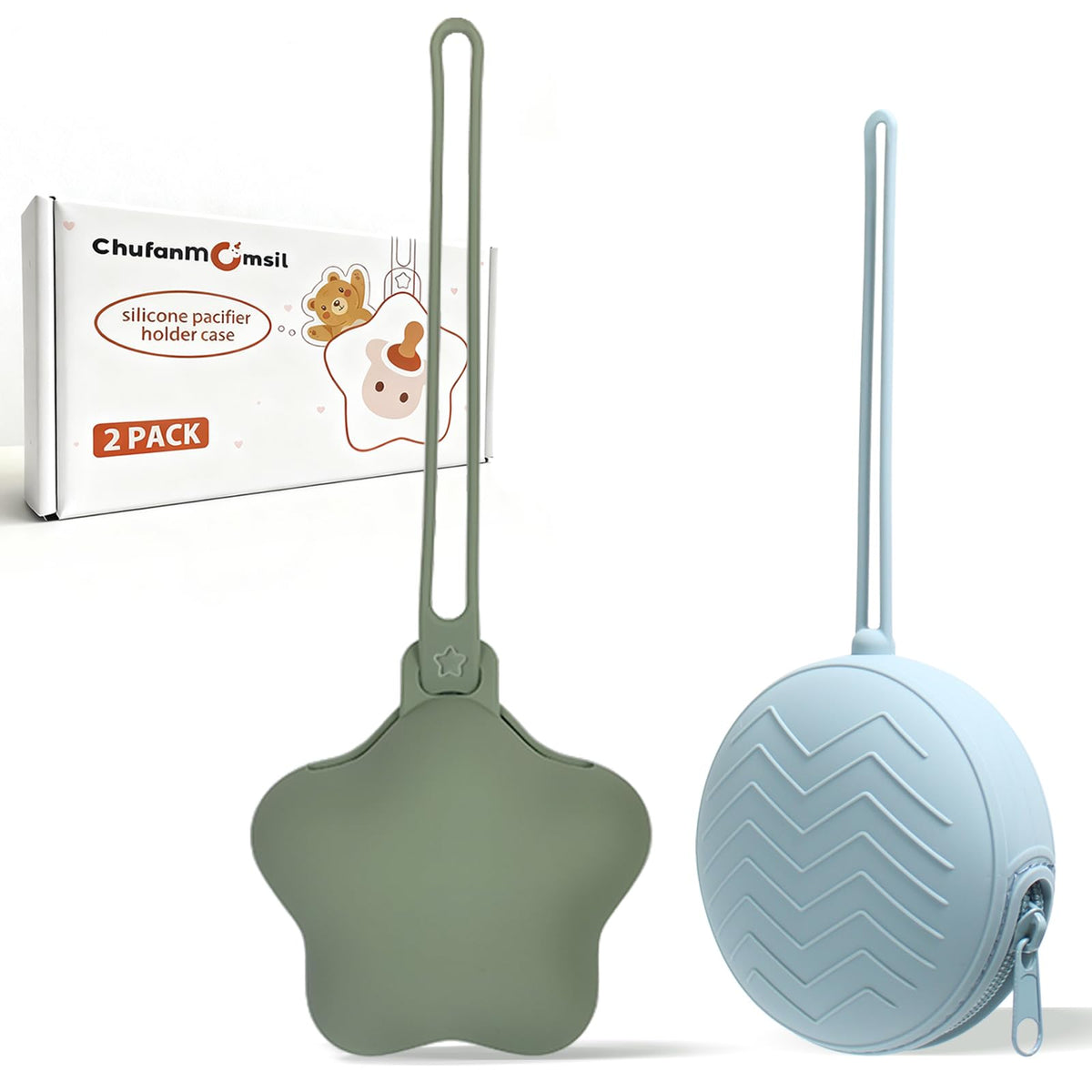 ChufanMomsil silicone pacifier holder green pack on display for on-the-go storage