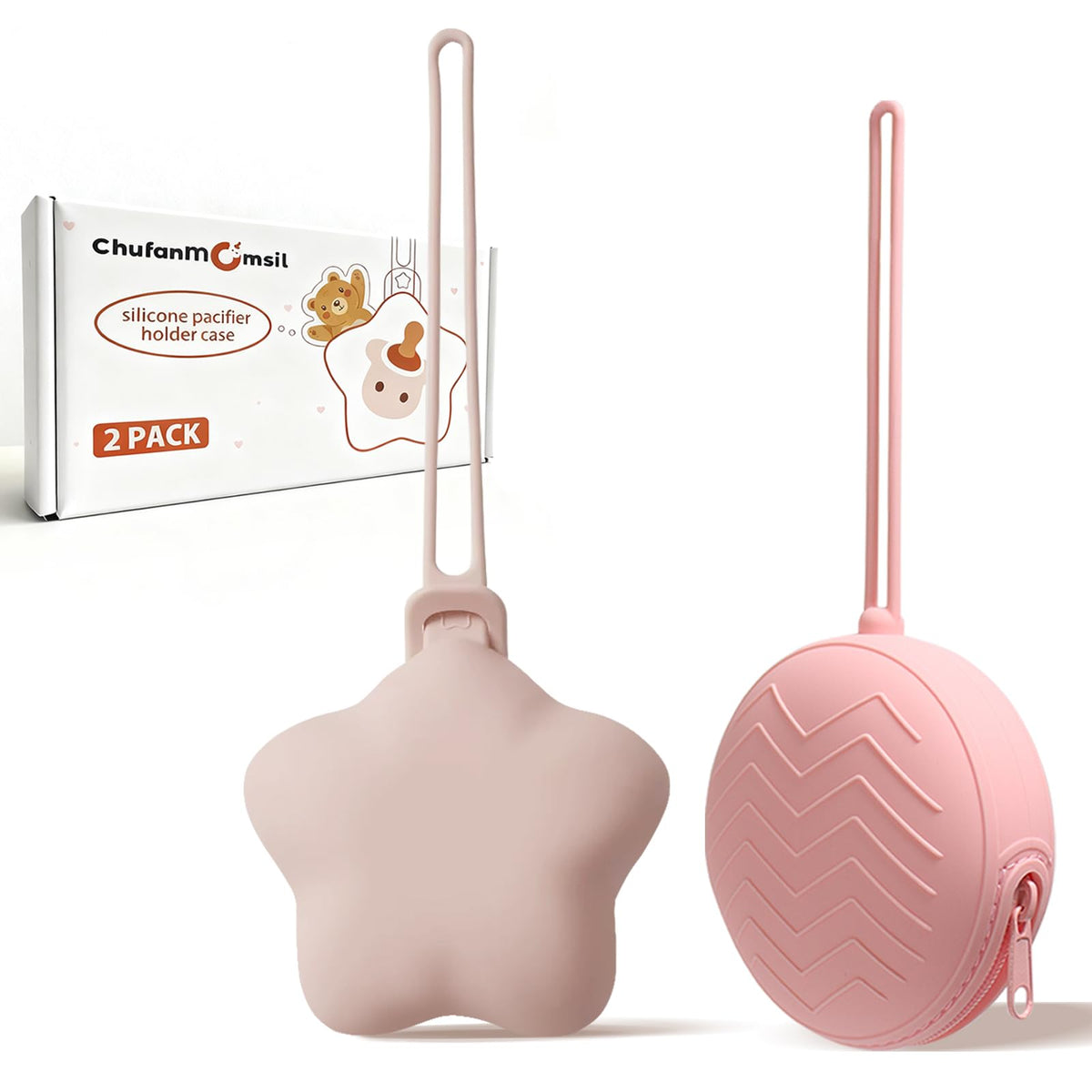 ChufanMomsil pacifier holder case light pink front view, keeps pacifiers clean and reachable.