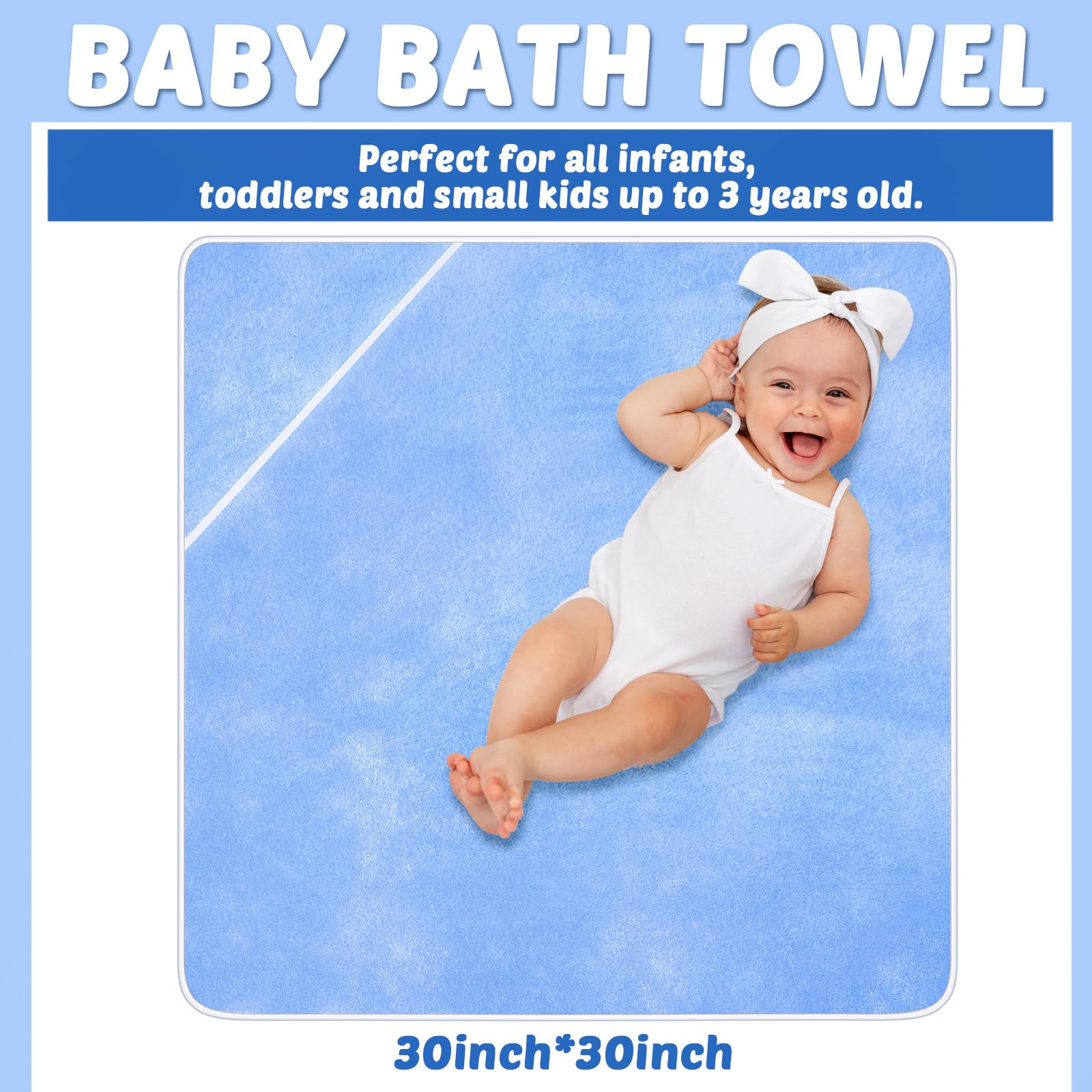 Chumia blue hooded towel on a baby with hood up for warmth