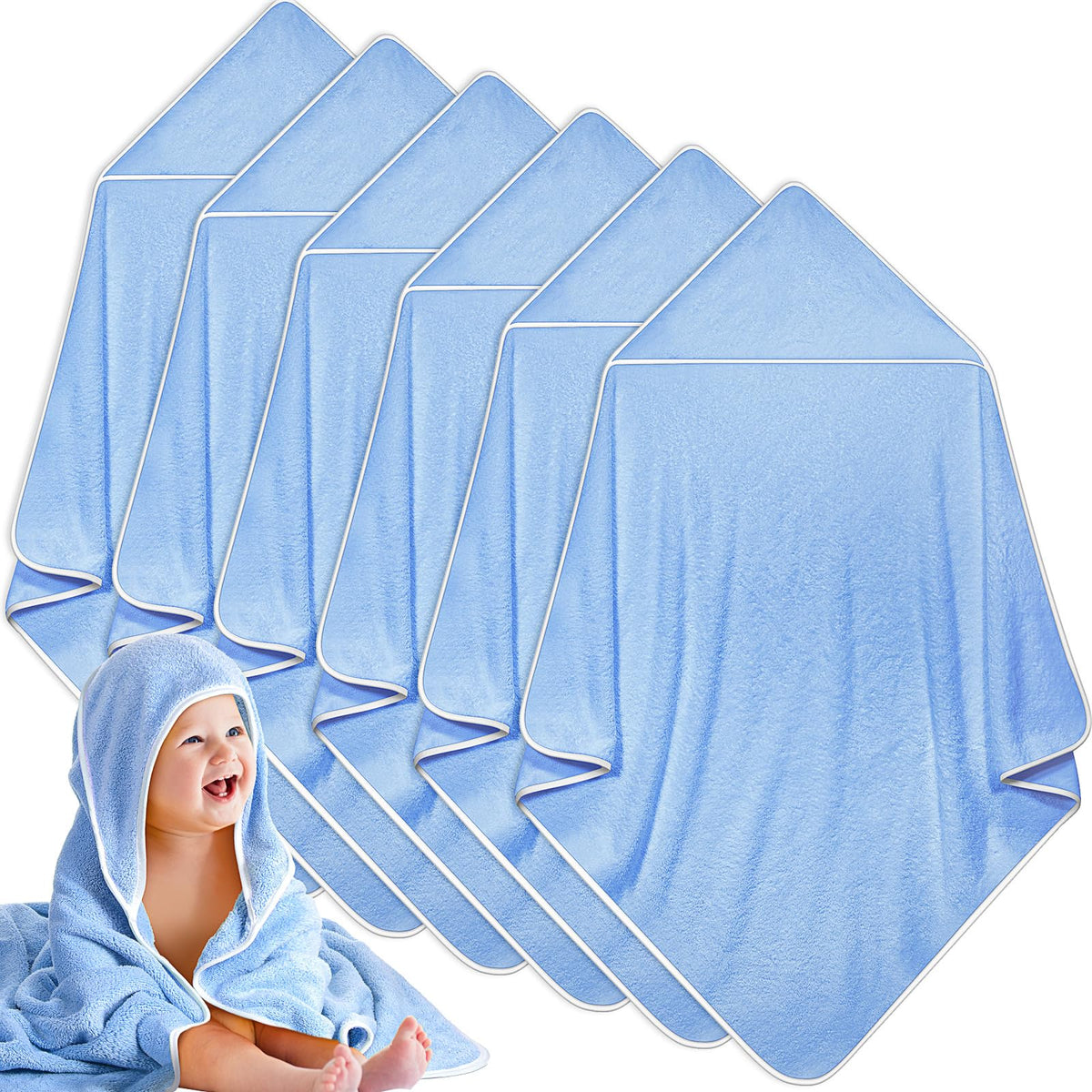 Chumia blue hooded towel six-pack laid flat for easy baby bath time