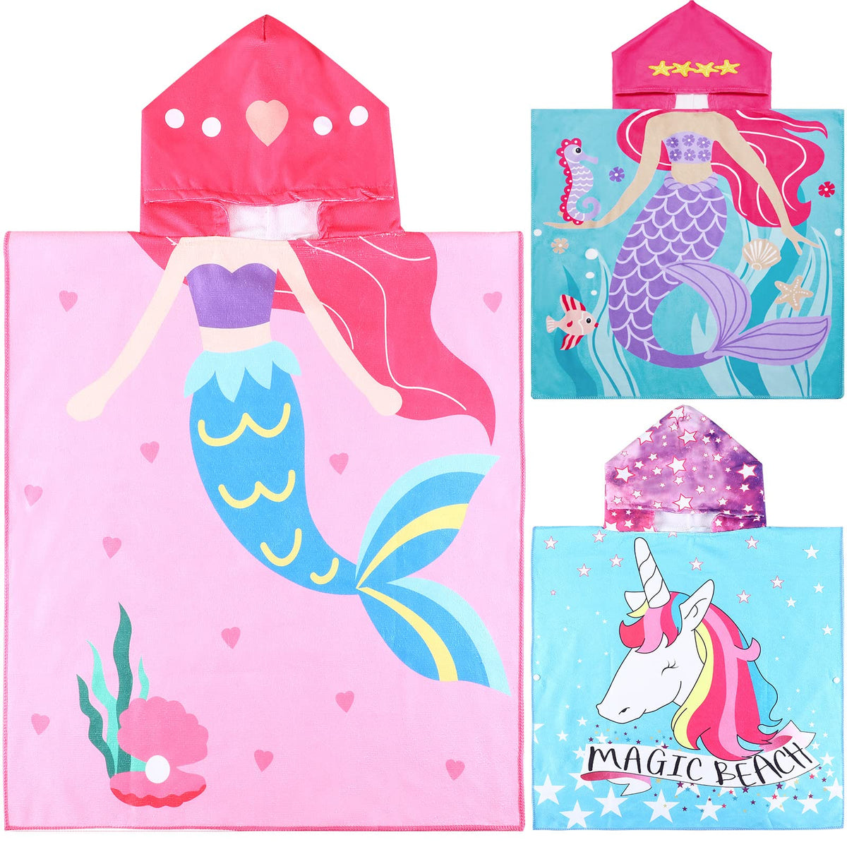 Chumia kids hooded poncho towels three-pack laid out for beach time.