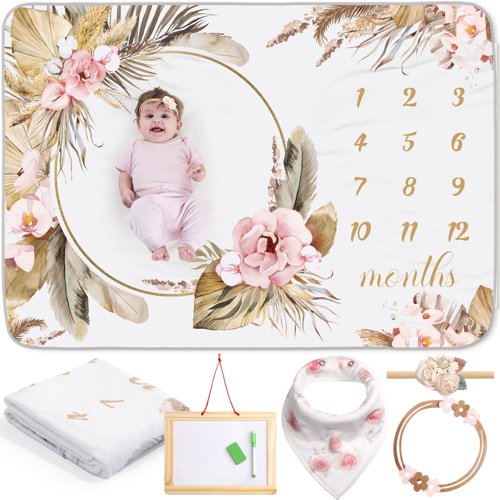 Chumia milestone blanket with butterfly pattern offers cozy backdrop for monthly photos.