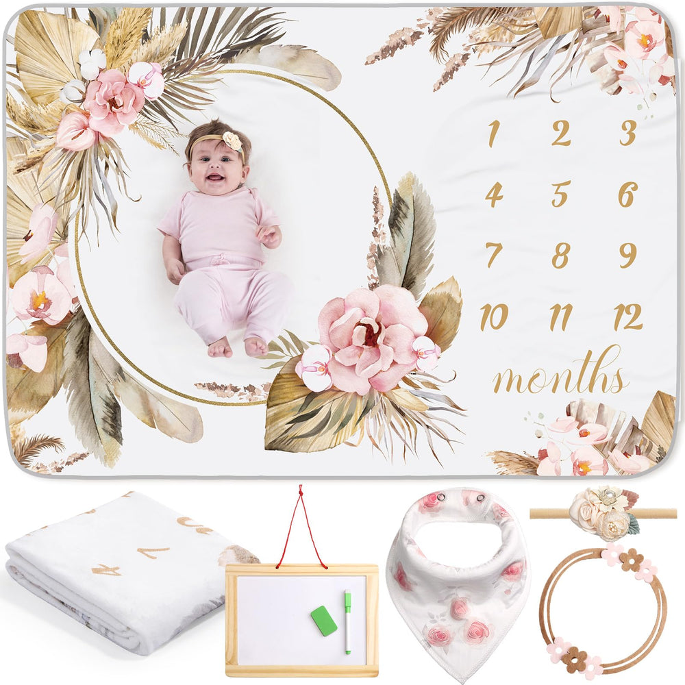Chumia milestone blanket with butterfly pattern offers cozy backdrop for monthly photos.